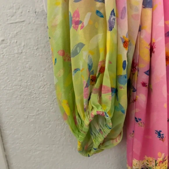 Vibrant Lime & Pink Ombre Maxi Dress,bidet and 100% silk - Picture 4 of 14